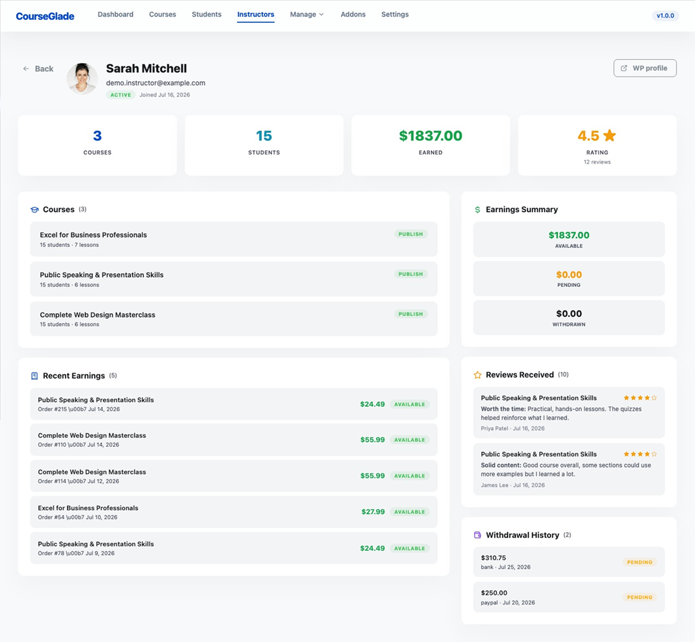 Instructor detail page with earnings