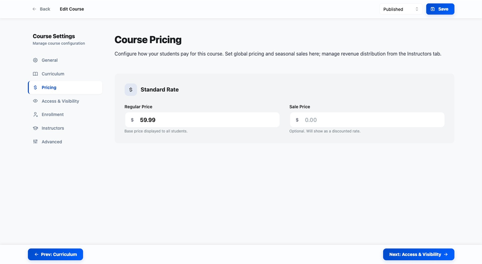 Course pricing settings