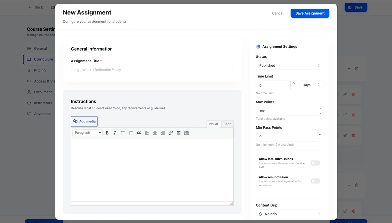 New Assignment dialog with title and rich-text instructions on the left and an Assignment Settings panel on the right holding status, time limit, max points, min pass points, late-submission and resubmission toggles, and a content drip control