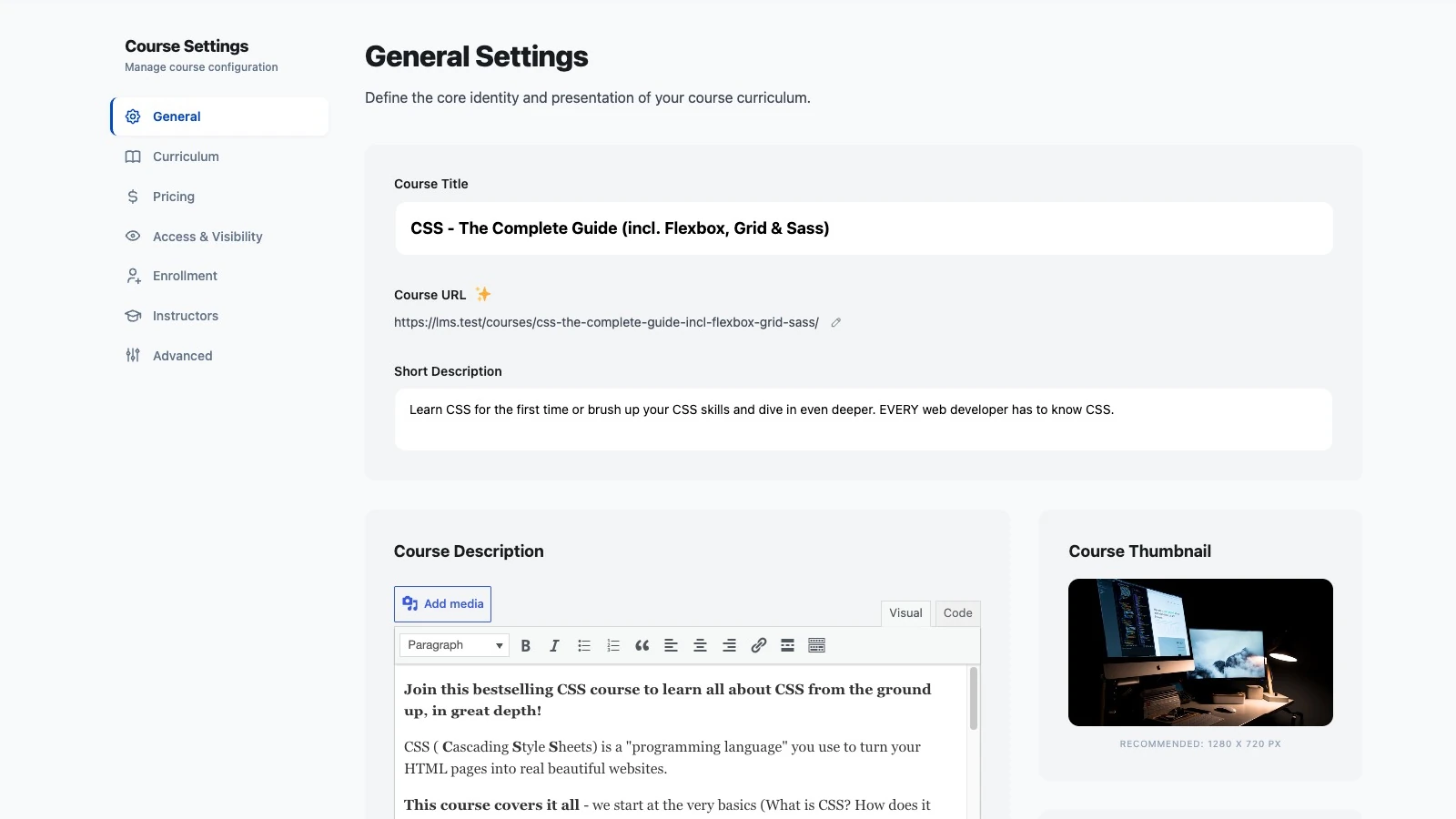 Course editor General tab with the tab sidebar on the left and fields for course title, course URL, short description and a rich-text course description, with a course thumbnail card on the right