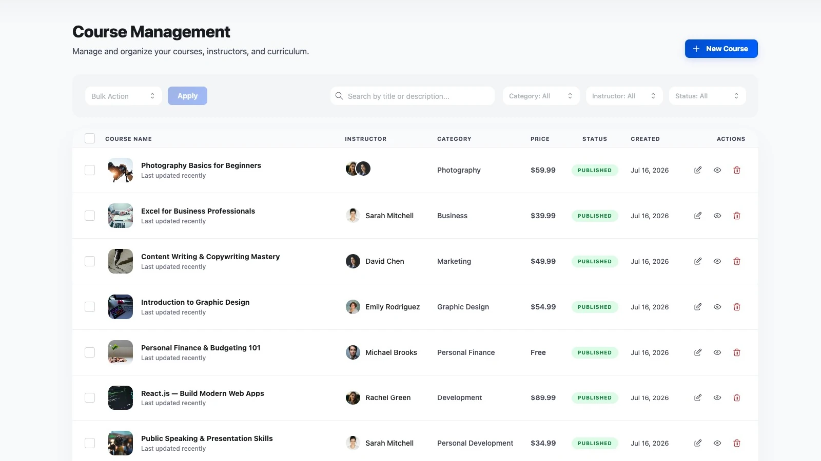 Course Management list with a New Course button top right, bulk action and filter controls, and a table of courses showing thumbnail, title, instructor, category, price, status and created date