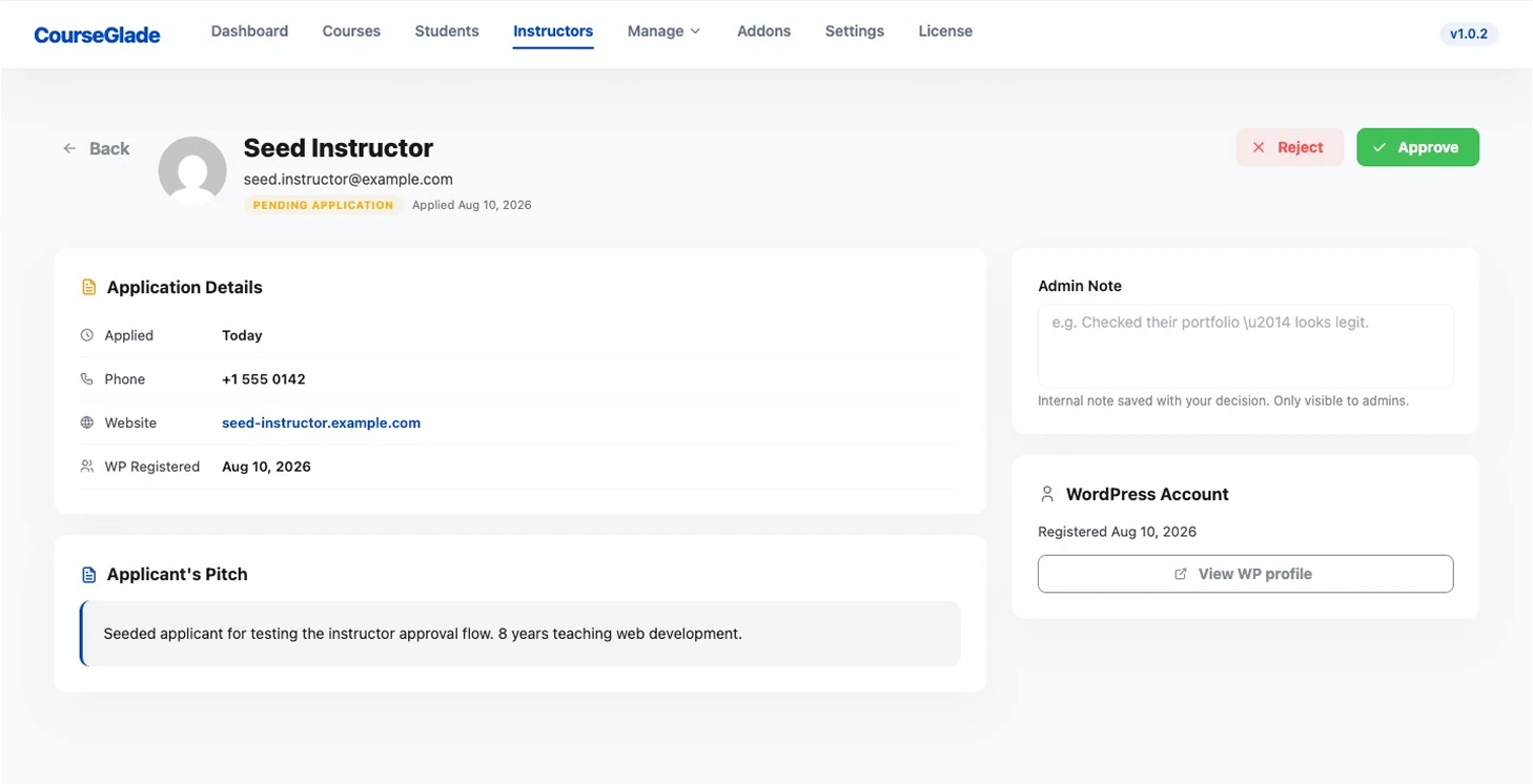 Instructor application detail showing the applicant's name, email and pending badge with Reject and Approve buttons, alongside application details, the applicant's pitch, an admin note field and a link to their WordPress profile