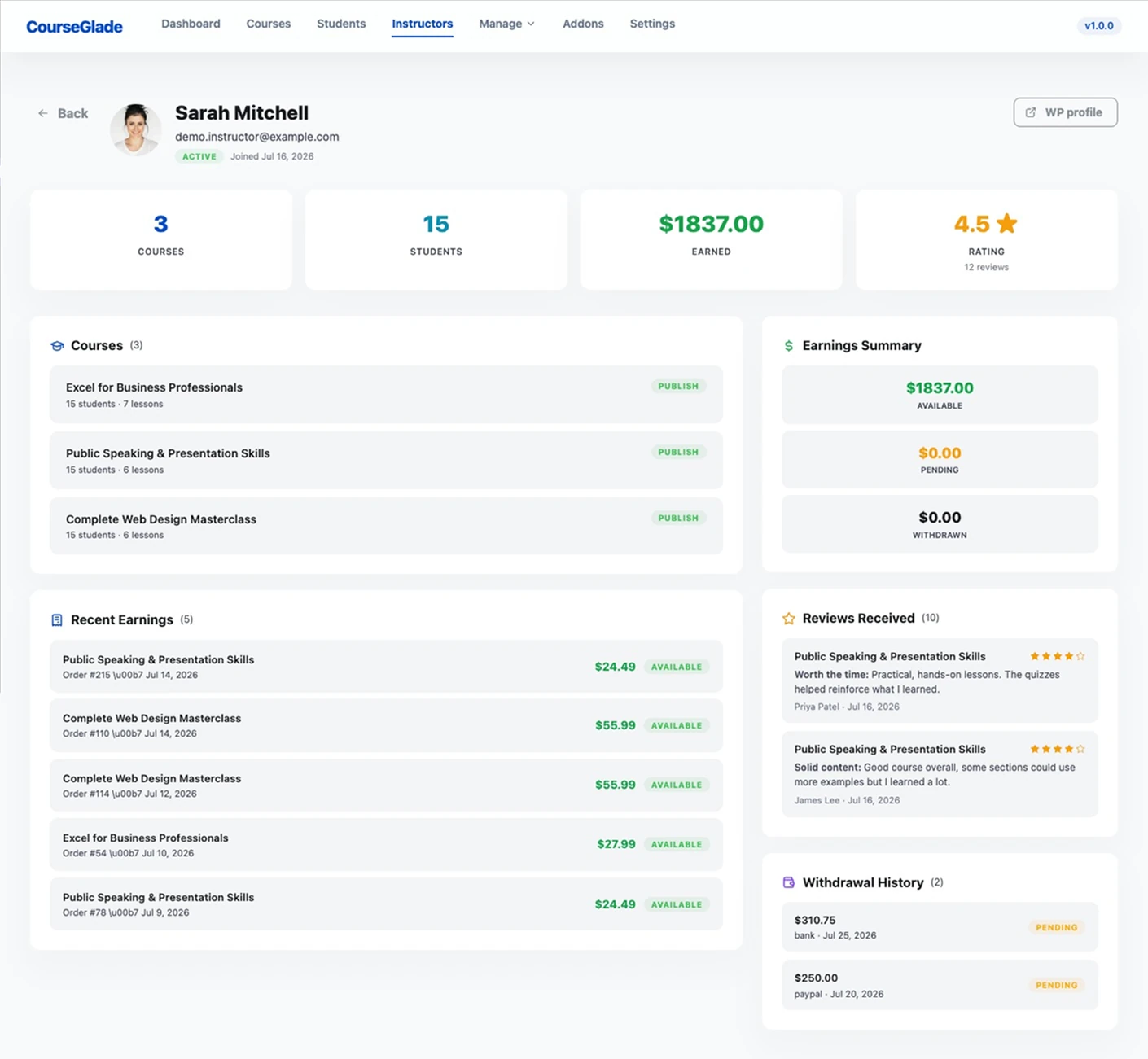 Instructor detail page showing courses, students, earned and rating stats, the instructor's course list, an earnings summary split into available, pending and withdrawn, recent earnings per order, reviews received and withdrawal history