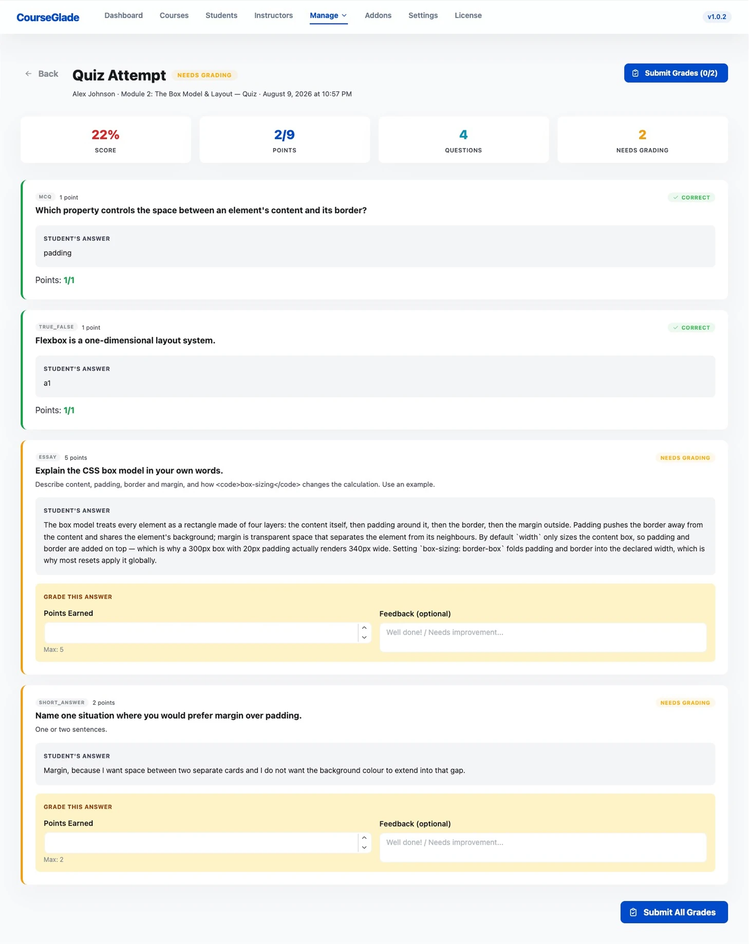 Quiz Attempt page marked Needs Grading, with score, points, question count and needs-grading tiles above each question showing the student's answer; auto-graded questions are marked correct while essay and short-answer questions carry a highlighted Points Earned and Feedback panel