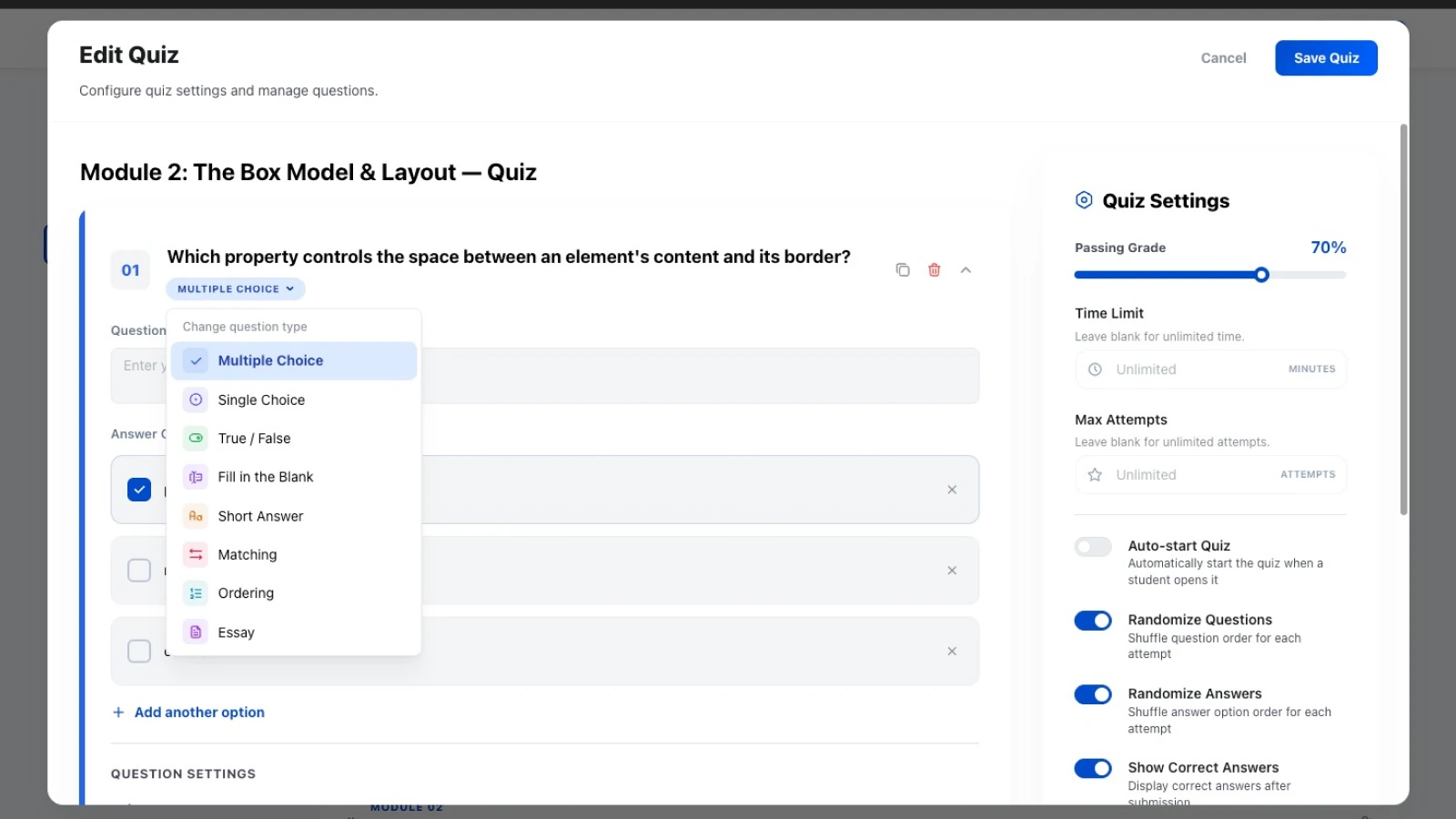 Quiz builder with the Change question type menu open, listing Multiple Choice, Single Choice, True / False, Fill in the Blank, Short Answer, Matching, Ordering and Essay