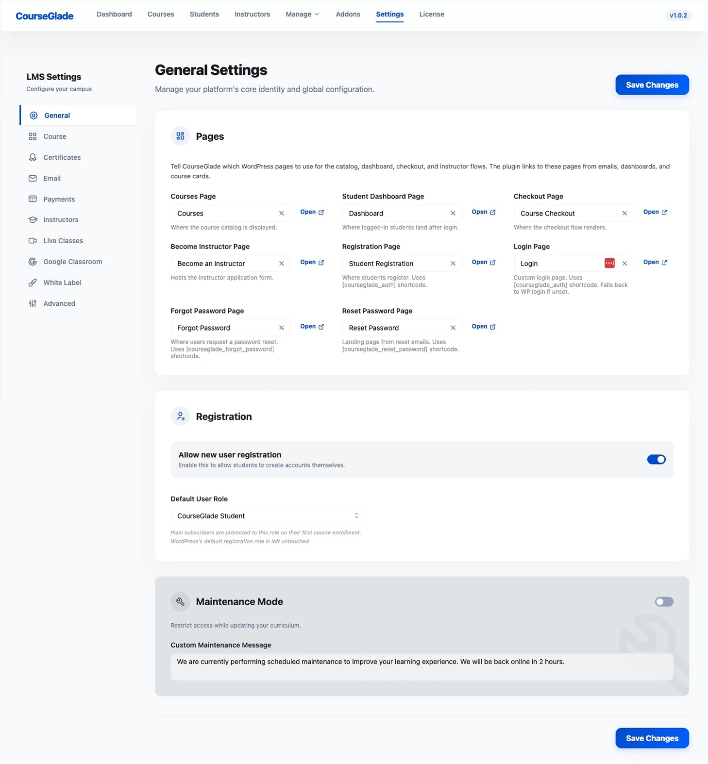 General Settings with the settings tab sidebar on the left and cards for Pages (a page selector and Open link per role), Registration (allow new user registration and default user role), and Maintenance Mode with a custom message