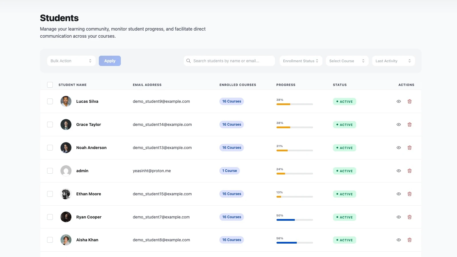 Students admin list with bulk action, search and filter controls above a table of students showing name, email, enrolled course count, progress bar, status badge and view and delete actions