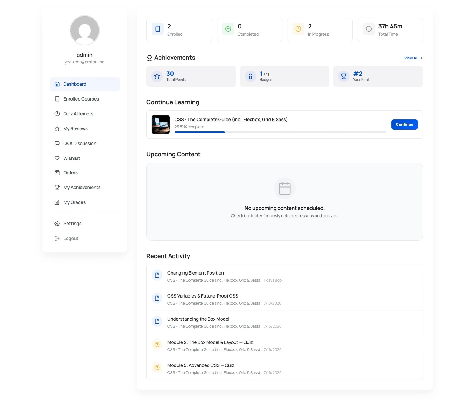 Student dashboard with the tab sidebar on the left and, on the right, enrolled/completed/in-progress/total-time stats, an achievements row, Continue Learning, Upcoming Content and Recent Activity