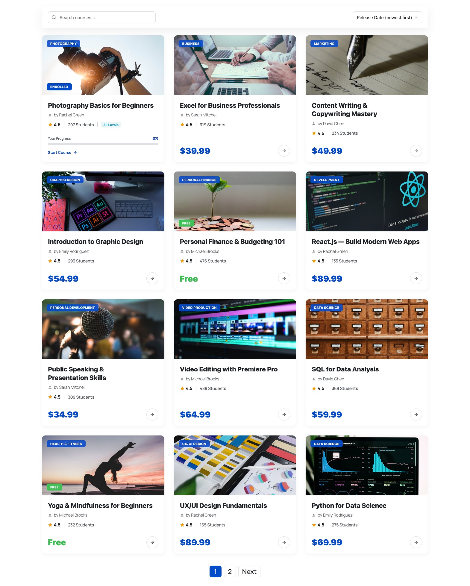 Course catalogue with filters